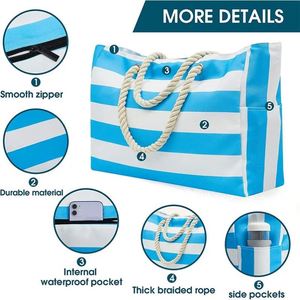OEM ODM Large Waterproof Canvas Beach Tote <b>Bag</b> Sand Proof <b>Swim</b> Pool <b>Bag</b> Zipper Cotton Handle Customizable Logo Pattern <b>Women</b> - Product Image 3
