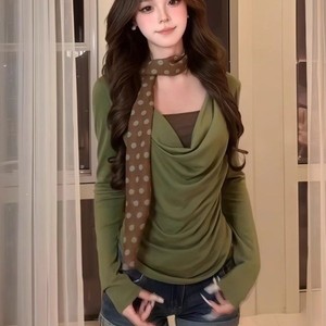 เสื้อทูพีซปลอมแบบผูกเอว แขนยาว สีเขียว คอเต่า สำหรับผู้หญิง สวมใส่ได้ทุกวัน - Product Image 1