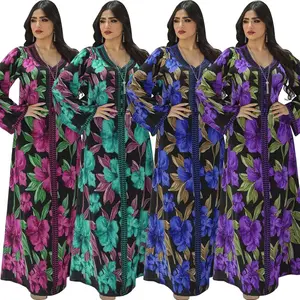 Gaya klasik leher V cetakan bunga berlian imitasi glitter dekorasi Mesir muslim wanita abaya mode