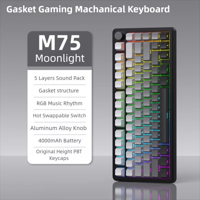 Custom 75% RGB Backlit Wireless Wired Mechanical Gaming Keyboard Programmable Hot-Swappable Switch Rechargeable 5 Layers Sound