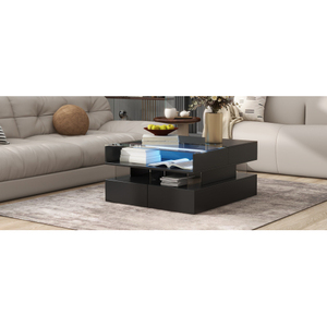 Mesa de Centro Convertible con Tapa Elevable y 2 Cajones, Diseño Cuadrado Moderno, Tapa de Vidrio y Luces LED para Comedor/Sala de Estar - Product Image 5