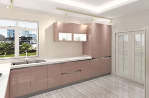Cuisine modulaire en forme de U moderne avec portes en contreplaqué brillant, design classique, îlots de cuisine en bois - Product Image 2