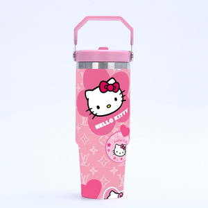 Bouteille d'eau isotherme en acier inoxydable Hello Kitty 30oz avec poignée et paille – Gobelet rose motif chaton – Vente en gros à prix abordable - Product Image 4