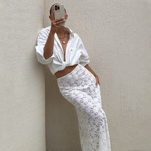 Jupe midi en dentelle pour femme, taille haute, couleur unie, transparente, mode estivale, coupe ajustée, blanc, noir, tissu polyester - Product Image 3