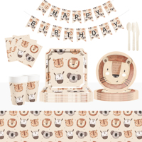 DAMAI Ensemble de vaisselle écologique découpée au laser pour fête sur le thème de la jungle, pour 8 invités, assiettes, gobelets et serviettes en papier à motifs d'animaux sauvages, best-seller pour bébés