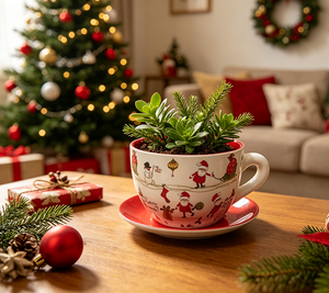 Tazza da tè e piattino natalizi in ceramica smaltata, vaso <span class=keywords><strong>per</strong></span> piante con grazioso motivo Babbo Natale e pupazzo di neve, con drenaggio, decorazione <span class=keywords><strong>per</strong></span> giardino e casa - Product Image 4