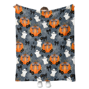Couverture décorative rose imprimée Halloween avec motif fantôme, citrouille et toile d'araignée, rectangulaire, en polyester, pour la saison d'automne, motif dessin animé S - Product Image 4