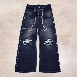 Pantalones de mezclilla acampanados de alta calidad con efecto desgastado, personalizados por OEM, fabricante de jeans de peso pesado, jeans personalizados de doble cintura. - Product Image 3