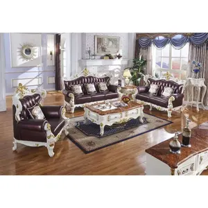 High-End Luxurious Classical Chesterfield Antique Sofa Set Genuine Rice White Wood Khaki Leather Sectional Living Room Wholesale