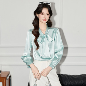 Women's Long Sleeve Satin Blouse With Bow Tie Green Solid Color Office Wear 2026 Spring Autumn Style - Product Image 3