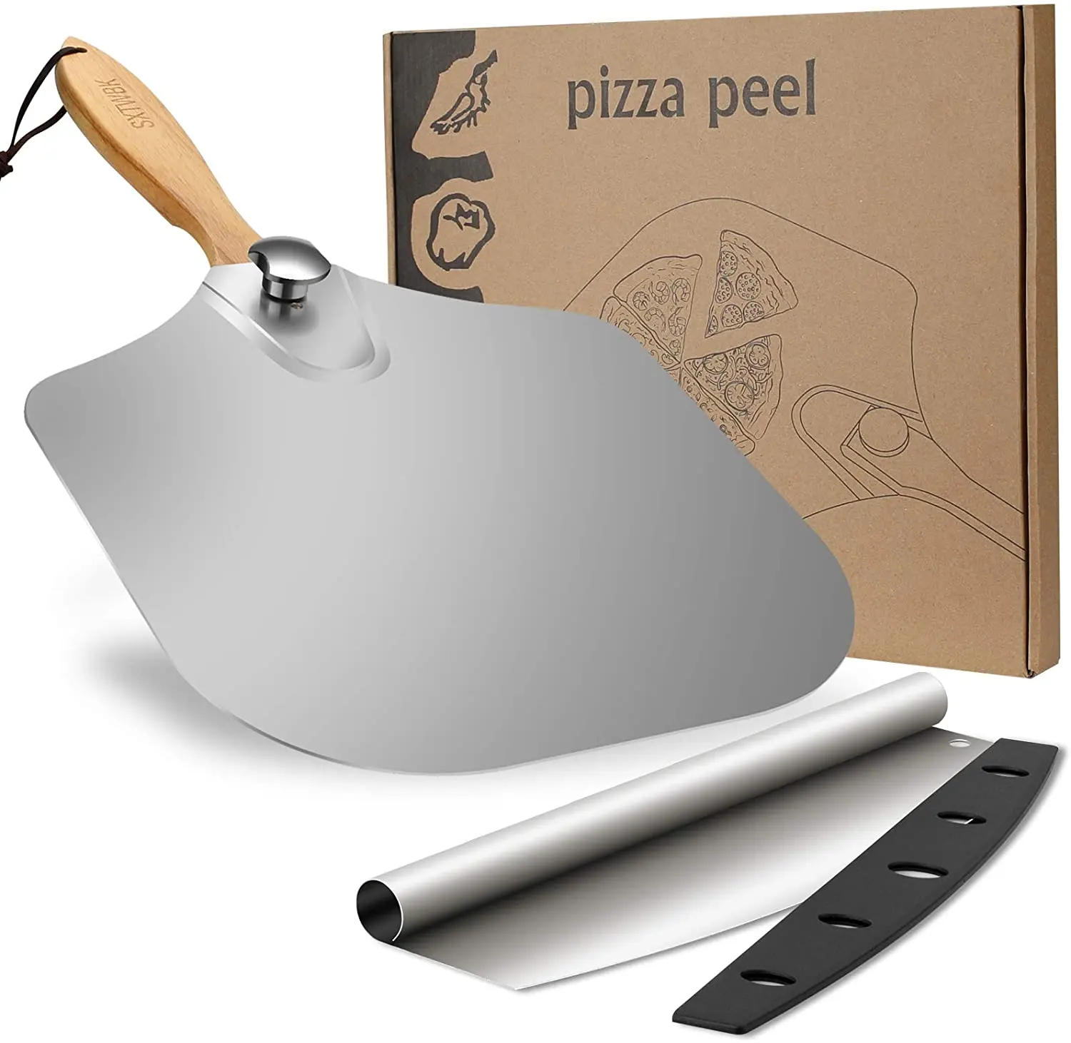 가정 및 주방 용품 알루미늄 금속 피자 패들 14 인치 피자 커터 로커 접이식 나무 손잡이 대형 피자 껍질