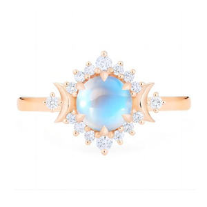 Anillo de compromiso romántico de piedra lunar para mujer, oro rosa, engaste pavé, diamante redondo brillante, patrón de luna, anillos de piedras preciosas - Product Image 2