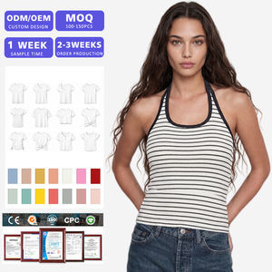 Débardeur côtelé extensible à rayures pour femme, col licou, style camisole d'été, vente en gros, usine de vêtements personnalisés - Product Image 1