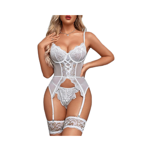 Ensemble de lingerie sexy en satin pour femme, style babydoll, body avec dentelle, porte-jarretelles, maintien léger, bas non inclus - Product Image 4