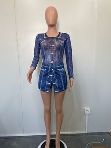 Nouveau Ensemble 2 Pièces pour Femme : Haut Body Imprimé Denim 3D et <span class=keywords><strong>Short</strong></span> Irrégulier, Ensemble Jupe Bodycon Sexy en Maille Transparente - Product Image 4