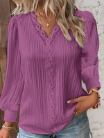 Blouses en Dentelle Slim Fit Manches Longues Col V Couleur Unie Très Vendues pour Femme Grandes Tailles