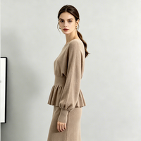 Ensemble deux pièces en maille unie pour femme, pull chauve-souris à manches longues et jupe midi taille haute, automne, polyester/coton, élégant