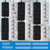 Prise de courant multiprise UE en gros avec cordon de 2 m, 3 ports USB et 1 port de charge Type-C, interrupteur LED, cuivre pur, compatible Allemagne et Russie