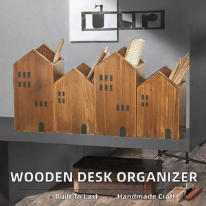 Organizador de Maquillaje y Porta Brochas de Madera Maciza con Forma de Casa y Almacenamiento para Artículos de Papelería, Caja de Escritorio Hecha a Mano para el Día del Padre - Product Image 2