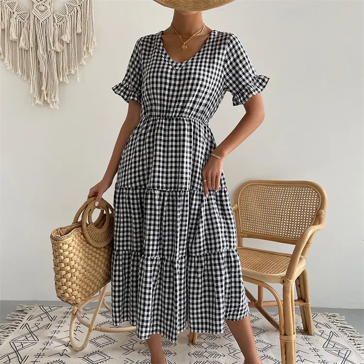 Spring Summer Latest Dress Designs for Ladies Plaid Print Elegant Dress Fashion Big swing Midi Dresses