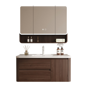 Mid ancient style walnut color curved combination drawer ceramic integrated basin bathroom cabinet - Product Image 2