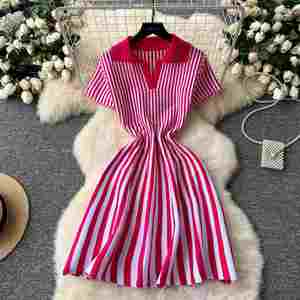 Maxfree Striped Knitted Polo Neck A-Line Midi <b>Dress</b> Short Sleeve Casual Summer <b>Dress</b> Breathable Regular Fit - Product Image 1