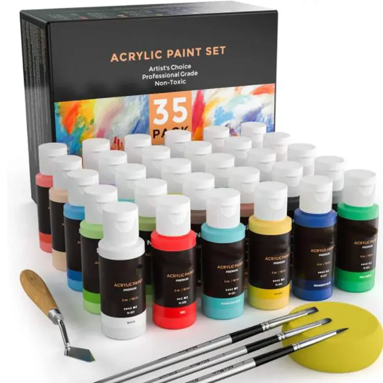 30 Colors Acrylic Paint Set 2 oz 60ml bottle with 3 Brushes Sponge & Paint Knife Rich Pigments for Artist Adults & Kids Projects