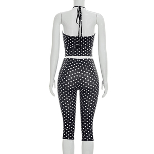 Viviblook D26ST222 Women <b>Set</b> <b>Sexy</b> Polka Dot Printed Drawstring Halter Tank Top Tight Fitting Cropped Pants Two Pieces <b>Set</b> - Product Image 6