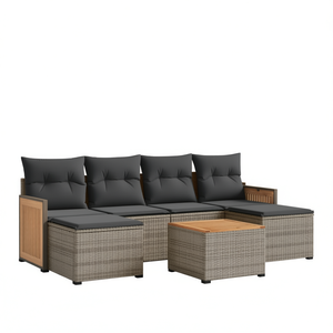 Ensemble de canapés de jardin en rotin gris avec pieds réglables, 4 places, mobilier d'extérieur, design contemporain, panneau en teck - Product Image 1