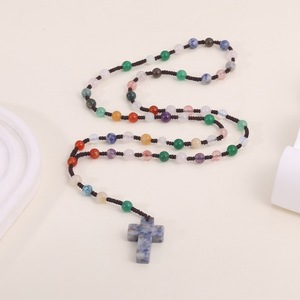 Großhandel 6mm Natürliche Kristall-Achat-Steinperlen-Halskette Edelstein-Perlen-Kreuzanhänger Rosenkranz für Buddhismus - Product Image 4