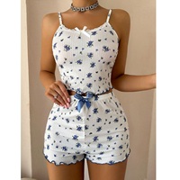 Pyjama d'été respirant et à séchage rapide pour femme, en tricot côtelé, avec imprimé cœur, style licou et short, idéal pour la maison BD