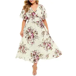 Платья больших размеров XL-5XL для женщин с цветочным принтом платье из шифона с цветочным принтом в богемном стиле пляжная Летняя женская городская Gypsy модные платья для девочек