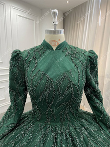 Lấp Lánh bóng Gown hồi giáo cô dâu Arabian cao cổ dài tay áo đính cườm ren màu xanh lá cây Wedding Dresses với Mạng Che Mặt - Product Image 3