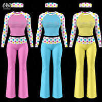 Set Pakaian Olahraga Wanita 3 Potong Motif Polkadot, Atasan Lengan Panjang, Legging Model Flare, Bando Senada, Santai untuk Gym dan Bersantai