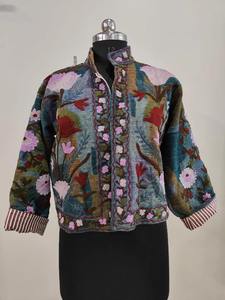 Hand Embroidered Floral Pattern Eco-Friendly Breathable Reversible <b>Short</b> <b>Sleeve</b> Bomber <b>Jacket</b> with TNT Cotton Suzani Fabric - Product Image 2