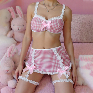 Cadeau de la Saint-Valentin d'été, ensemble de lingerie sexy pour femme avec dentelle et nœud, lingerie intime sexy à carreaux, 2 pièces - Product Image 4