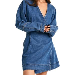 Vestido vaquero casual de verano para mujer, con cinturón, cuello en V, manga larga, mini vestido vaquero - Product Image 1