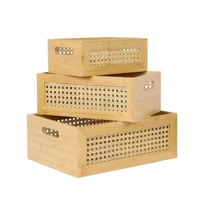 3 adet bambu eşya kutuları Set sahte Rattan çerçeve hasır saklama sepetleri kolları ile dekoratif çamaşır dolap dolap raf kutusu
