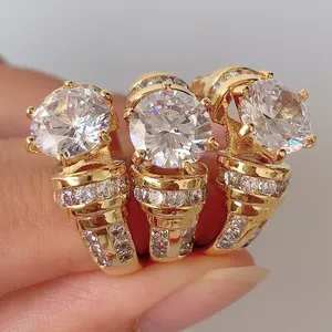 Cincin Berlapis Emas 14K Pria dan Wanita, Perhiasan Cincin Berlian Sintetis Pertunangan Pasangan untuk Wanita
