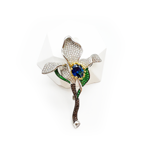 Broche Fleur d'<span class=keywords><strong>Iris</strong></span> en Argent Sterling 925 Plaqué Or, Pierre Précieuse Bleue et Émail Vert avec Pavé CZ, Bijou Élégant d'Inspiration Naturelle - Product Image 2