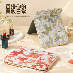 Folding <b>Makeup</b> Mirror Square Glass Lens Portable Desktop <b>Vanity</b> Mirror For Bedroom Dormitory Use Peony Red Pattern - Product Image 2