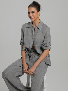 Ensemble deux pièces décontracté en lin non tissé 100 % pour femme – Haut léger et pantalon large respirant style <span class=keywords><strong>littéraire</strong></span> – Idéal printemps/été - Product Image 2