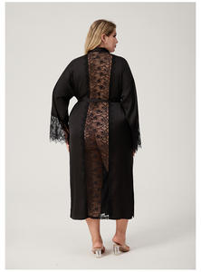 Bata de Dormir de Satén y Chifón para Mujer, Estilo Sencillo y Elegante con Ribete de Encaje, Manga Larga, Talla Grande, Ropa de Estar Suave - Product Image 2