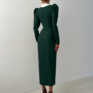 Abito da donna elegante a maniche lunghe T-1134 verde scuro, slim fit, a vita alta, formale da ufficio, primavera 2026, nuovo modello doppiopetto - Product Image 3