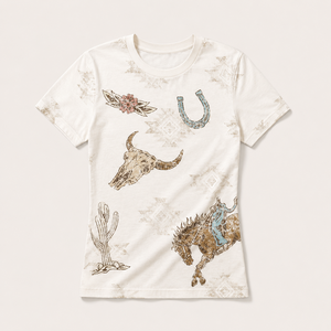 <b>Western</b> Cowgirl T-<b>Shirt</b> Women's Crew Neck Short Sleeve 100% Cotton Jersey Print Floral Horse Skull Horseshoe Casual Fit - Product Image 4