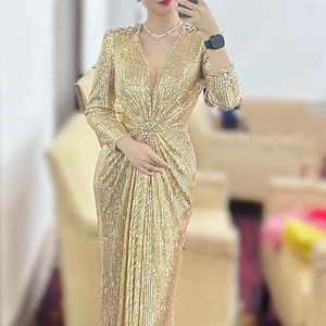 Vestido de Noche Formal con Lentejuelas y Cuello en V para Mujer - Vestido de Manga Larga con Cintura Fruncida - Product Image 2