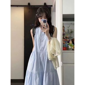 S1MAN1 Sleeveless Tiered Dress Light Blue O Neck Loose Fit Casual Daily Wear - Product Image 4