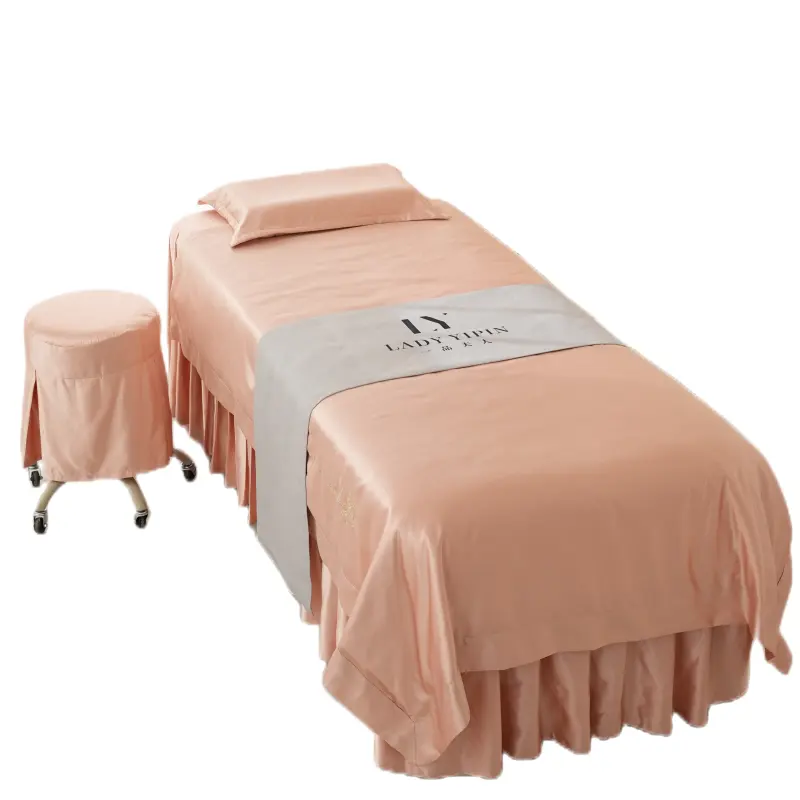ชุดคลุมโต๊ะสำหรับนวดผ้าซาตินกันยับ4ชิ้นปลอกหมอนปลอกหมอนผ้าปูที่นอนสีชมพู