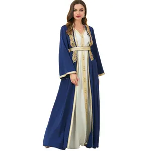 Ying Tang Eid dubaï robe musulmane hiver brodé 2 pièces Abaya col en v Robe Islam arabe femme Robe Maxi Robe avec ceinture