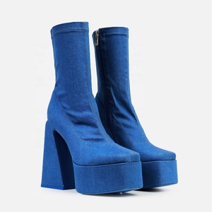 Soft Denim Women High Heels Platform Short <b>Boots</b> Square Toe Custom Materials Jeans Ankle Booties Fancy Ladies Shoes - Product Image 4